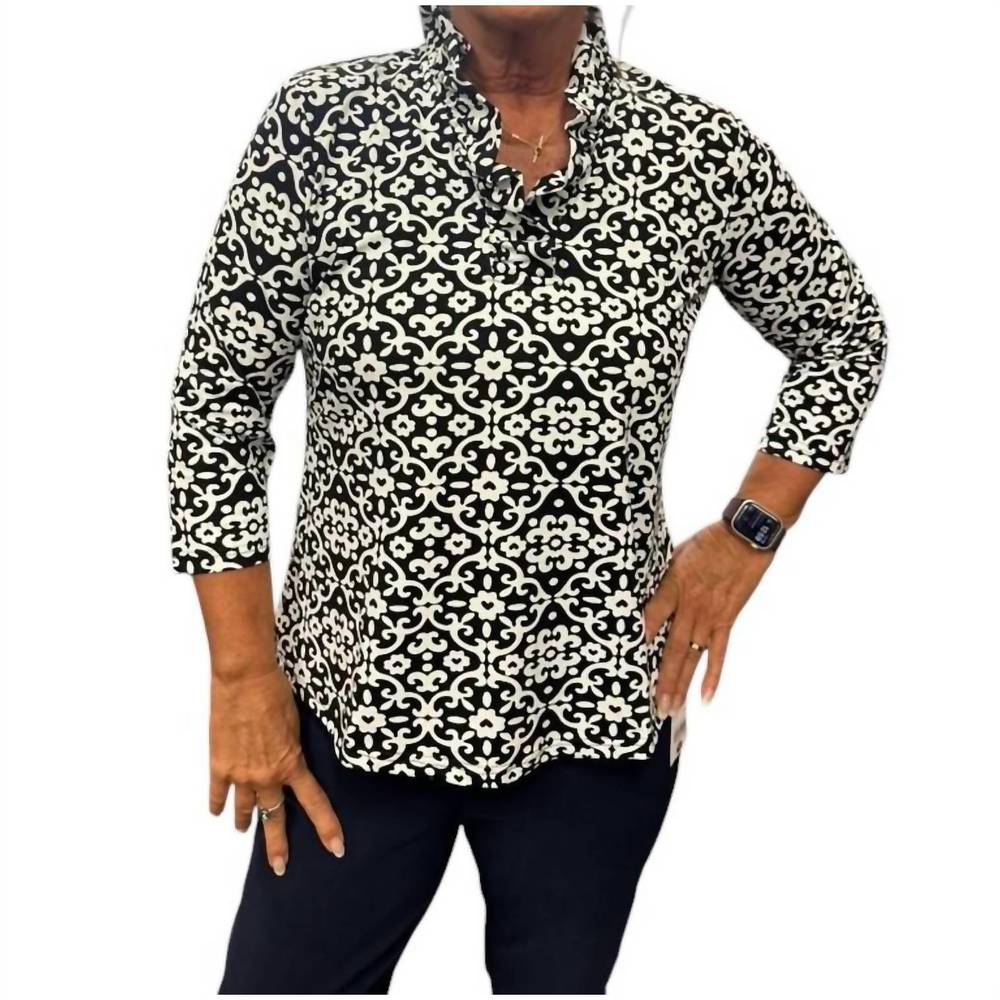 NEW LULU-B ruffle swirl 3/4 sleeve top in black & white flower